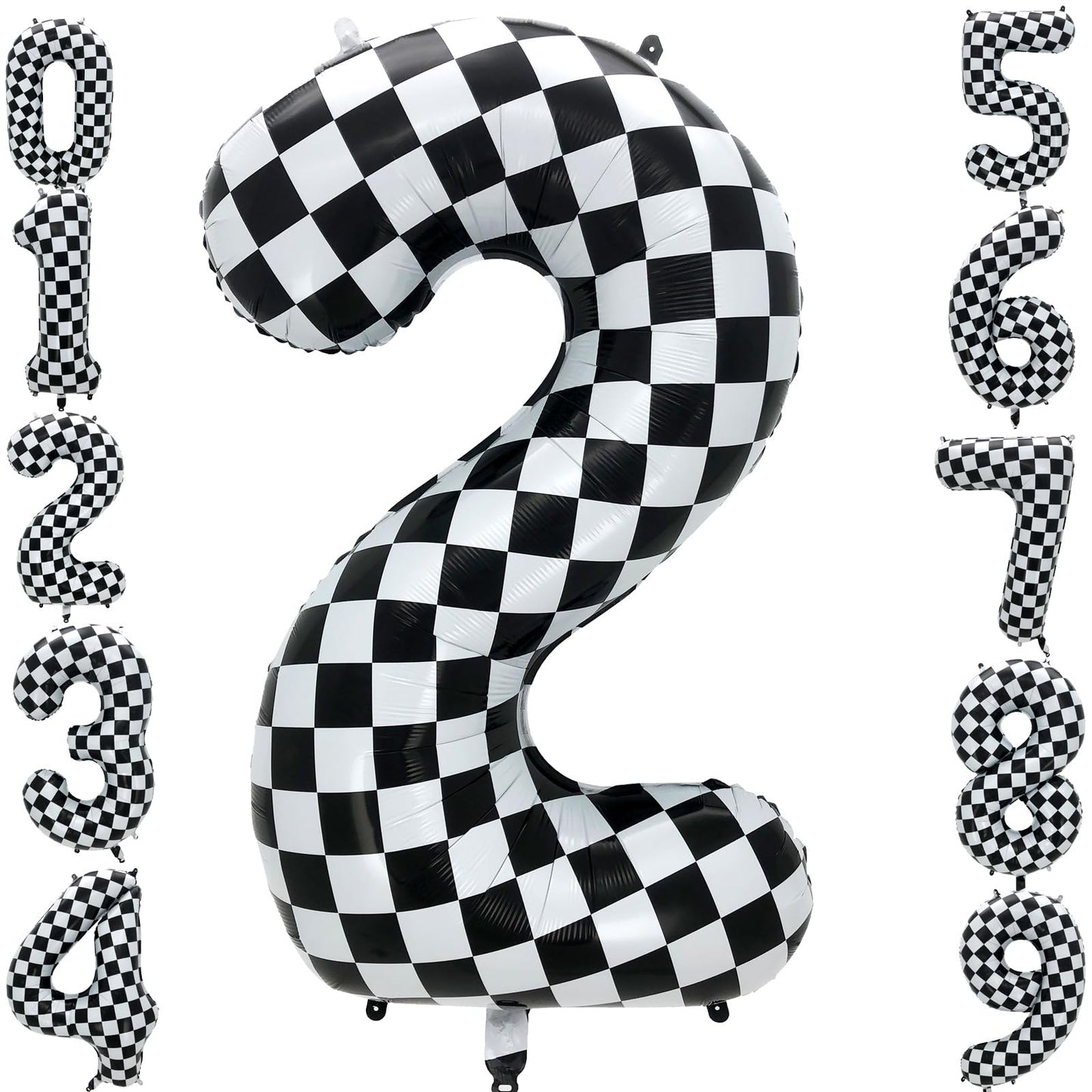Eoopoon 42 Inch Checkered Number Balloon 2, 2nd Race Car Birthday Party Supplies for Boys Girls, Large Black and White Number 2 
