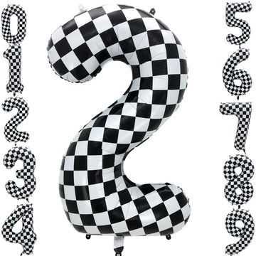 Eoopoon 42 Inch Checkered Number Balloon 2, 2nd Race Car Birthday Party Supplies for Boys Girls, Large Black and White Number 2 