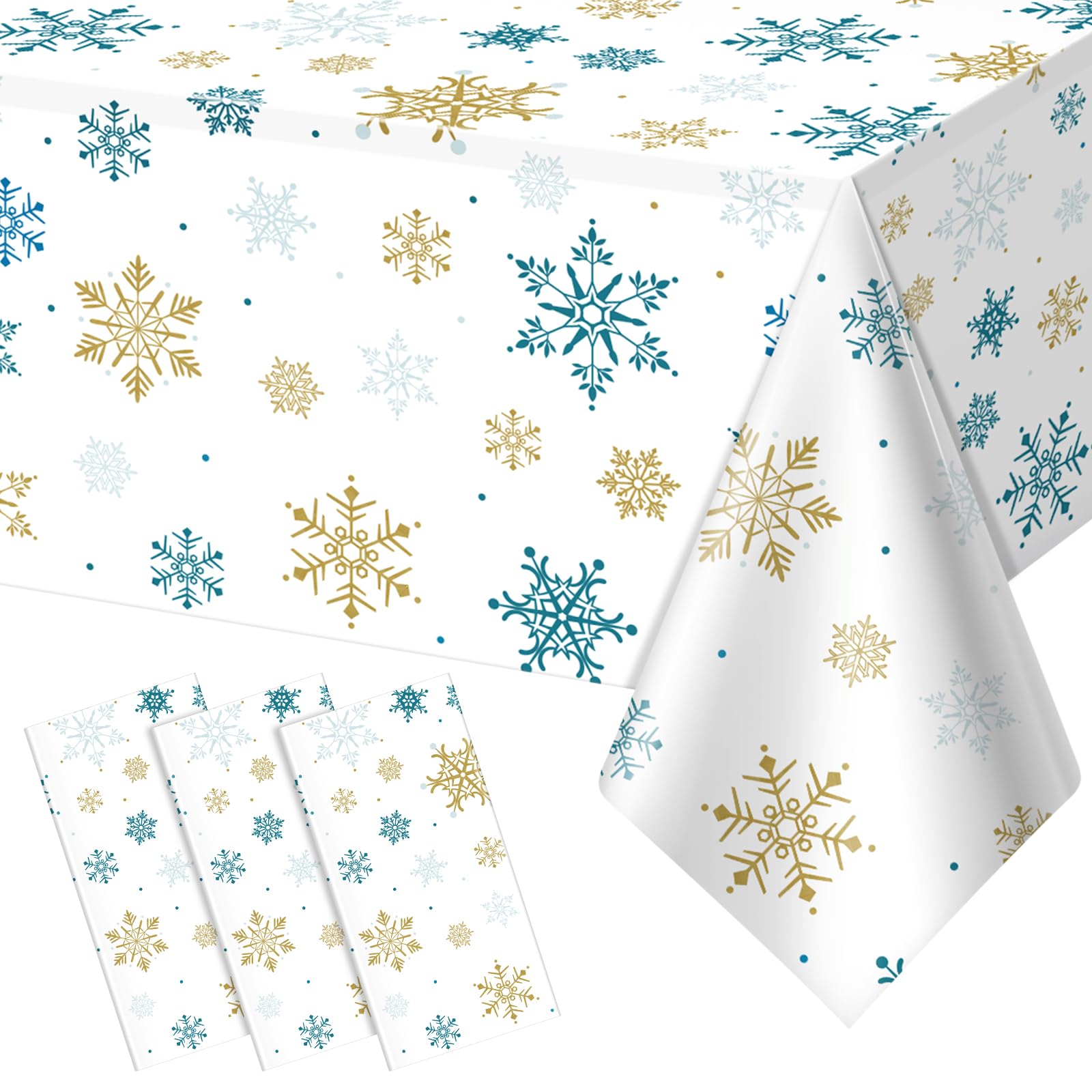 3Pcs Snowflake Plastic Tablecloth Christmas Snowflake Disposable Table Cloth White Blue and Gold Winter Wonderland Table Cover f