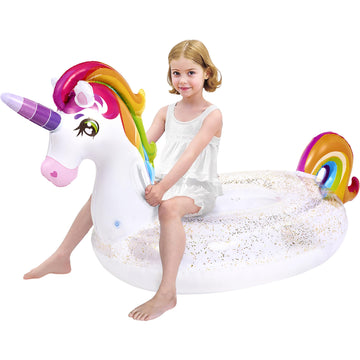 Joyin Unicorn Pool Float Kids - Inflatable Rainbow Unicorn Floaty With Glitters Fun Pool Floats, Ride On Unicorn Beach Lake Floa