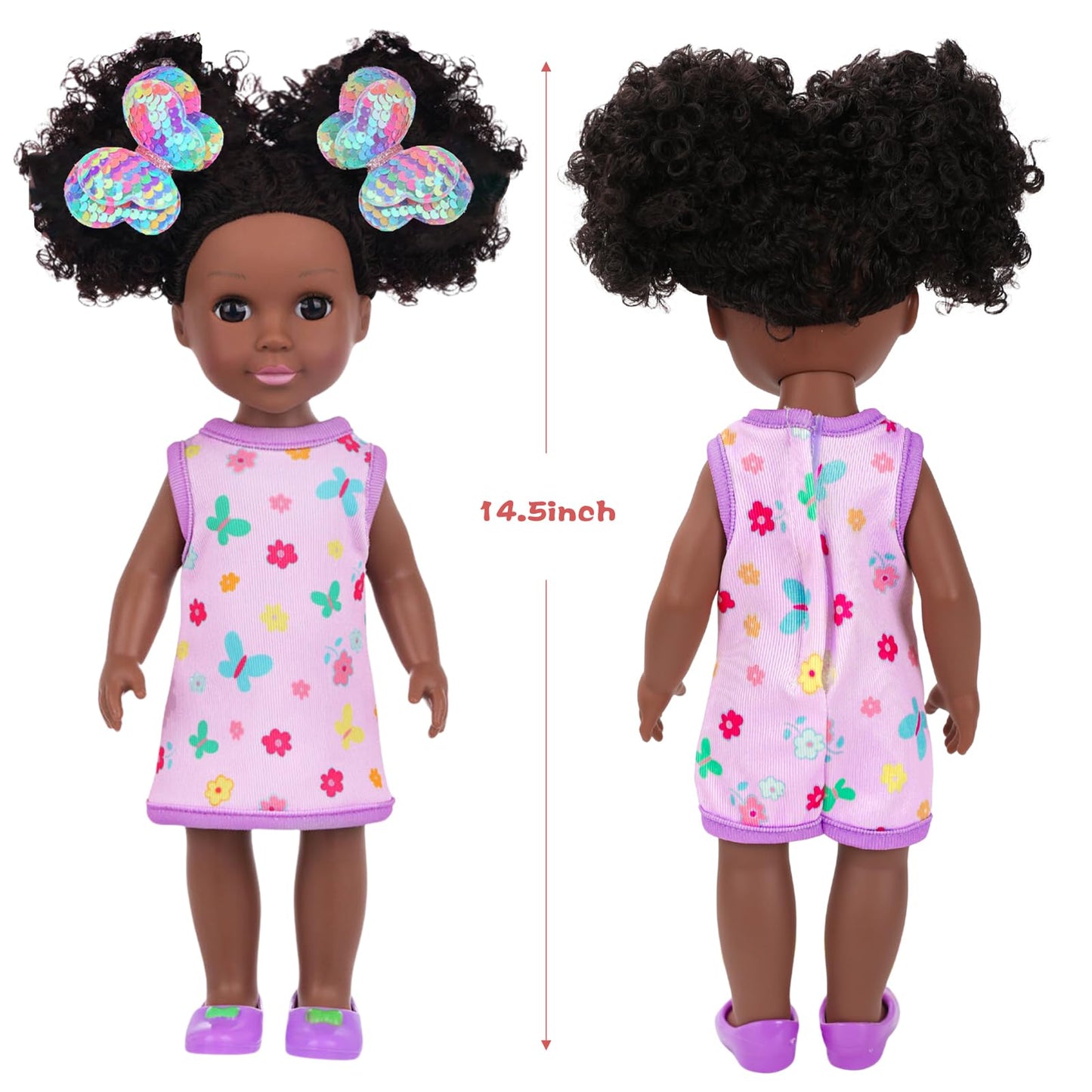 ZQDOLL 14.5 inch Black Doll and Black Baby Doll Clothes and Accessories Set, African Baby Doll with 2 Sets Clothes Shoes Backpac