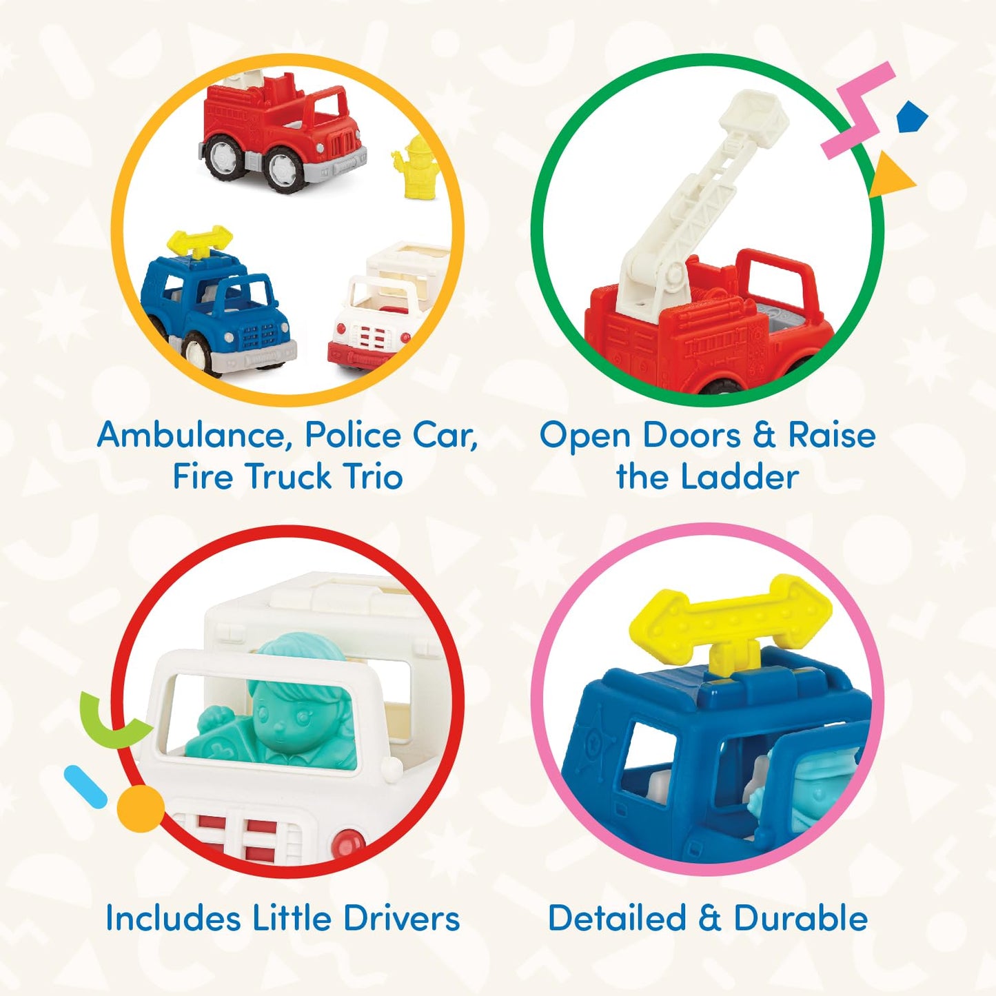 Battat - Wonder Wheels - Toy Emergency Vehicles - Ambulance, Police Car, Fire Truck - Rescue Set for Kids - Movable Parts - 1 Ye