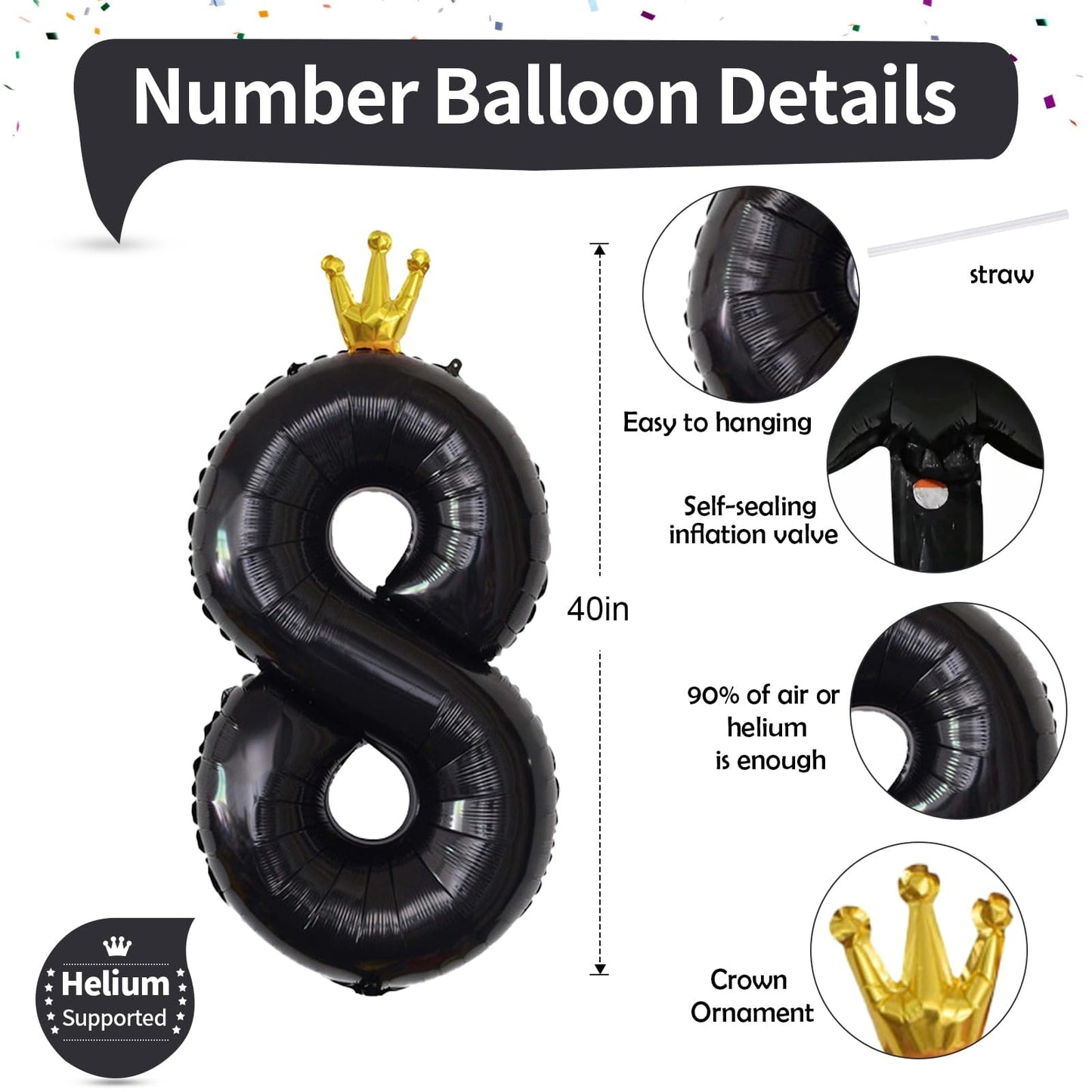 Isndare 40 Inch Black Number 8 Balloons, Self-Inflating Aluminum Foil for Kids Birthday Party Decorations
