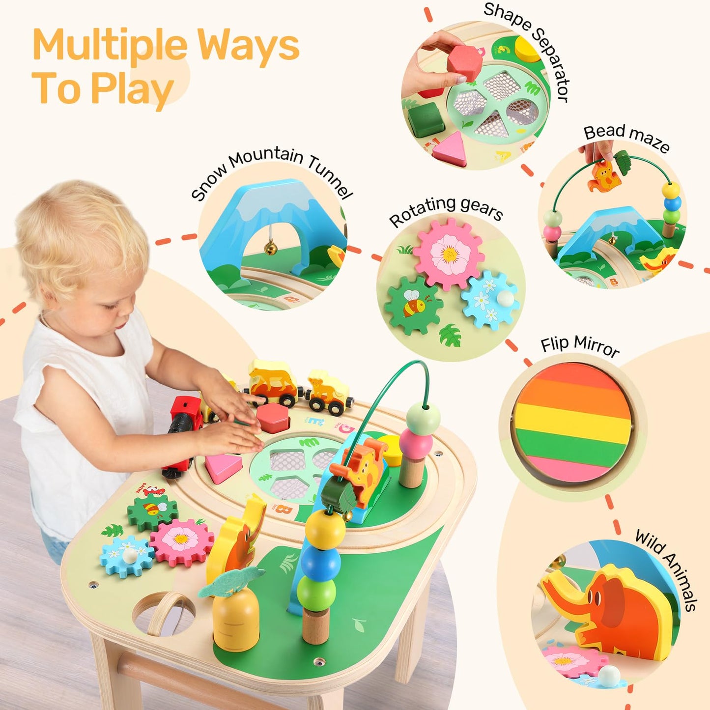 oathx 9-in-1 Wooden Activity Table for 1+ Year Olds, Multi-colored Montessori Toys, Bead Maze, Shape Sorter, Toddler Gifts