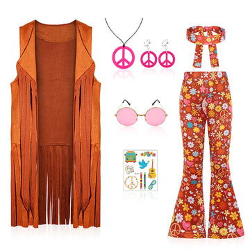 Cuteshower Girl Hippie Costume 70s 60s Hippie Outfits for Girls Halloween Cosplay Party (Brown, 6-8 Years)