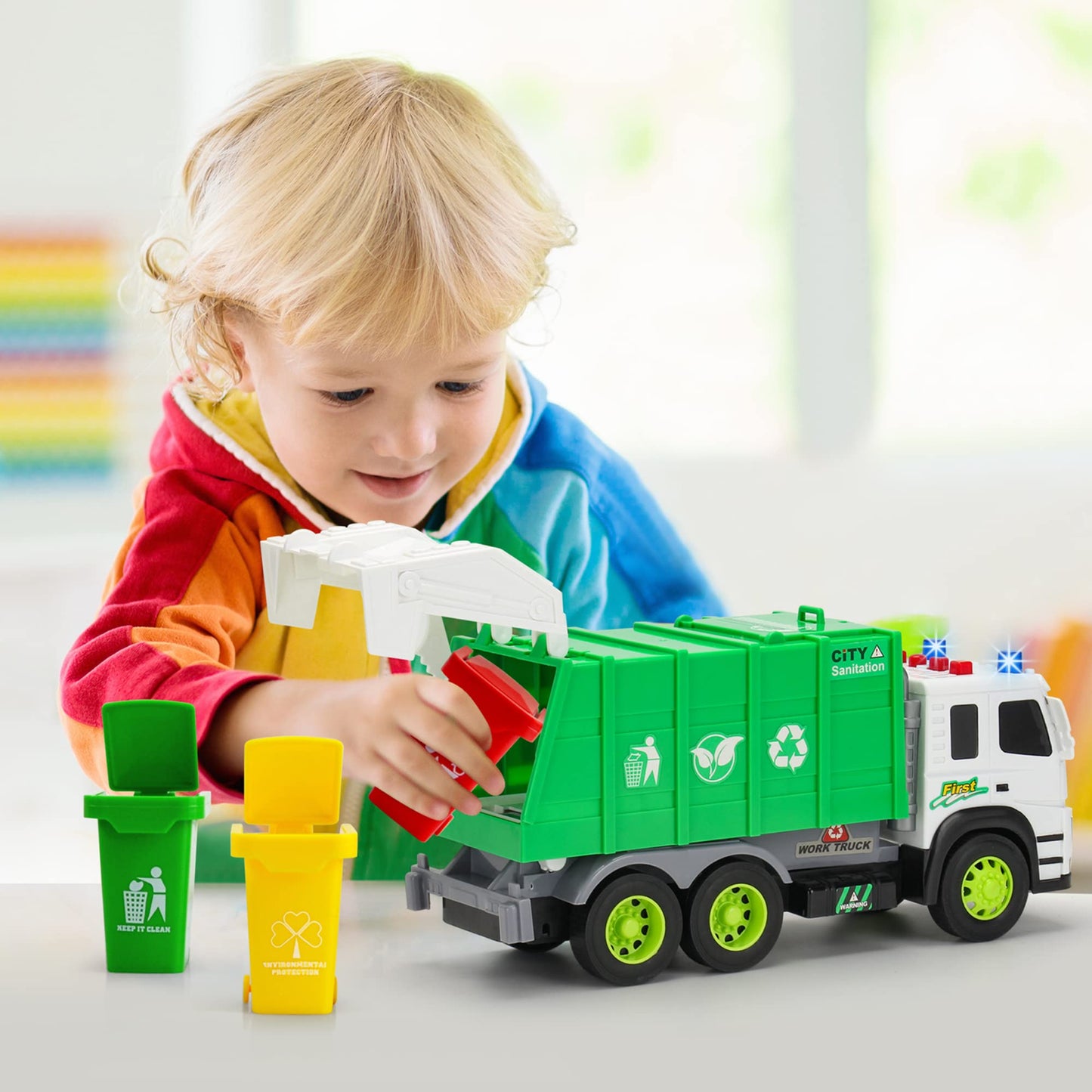 MOBIUS Toys Garbage Truck Friction-Powered - 1:12 Scale Large Size Truck w/Sounds, Lights, Loader, 4 Trash Cans for Learning Was