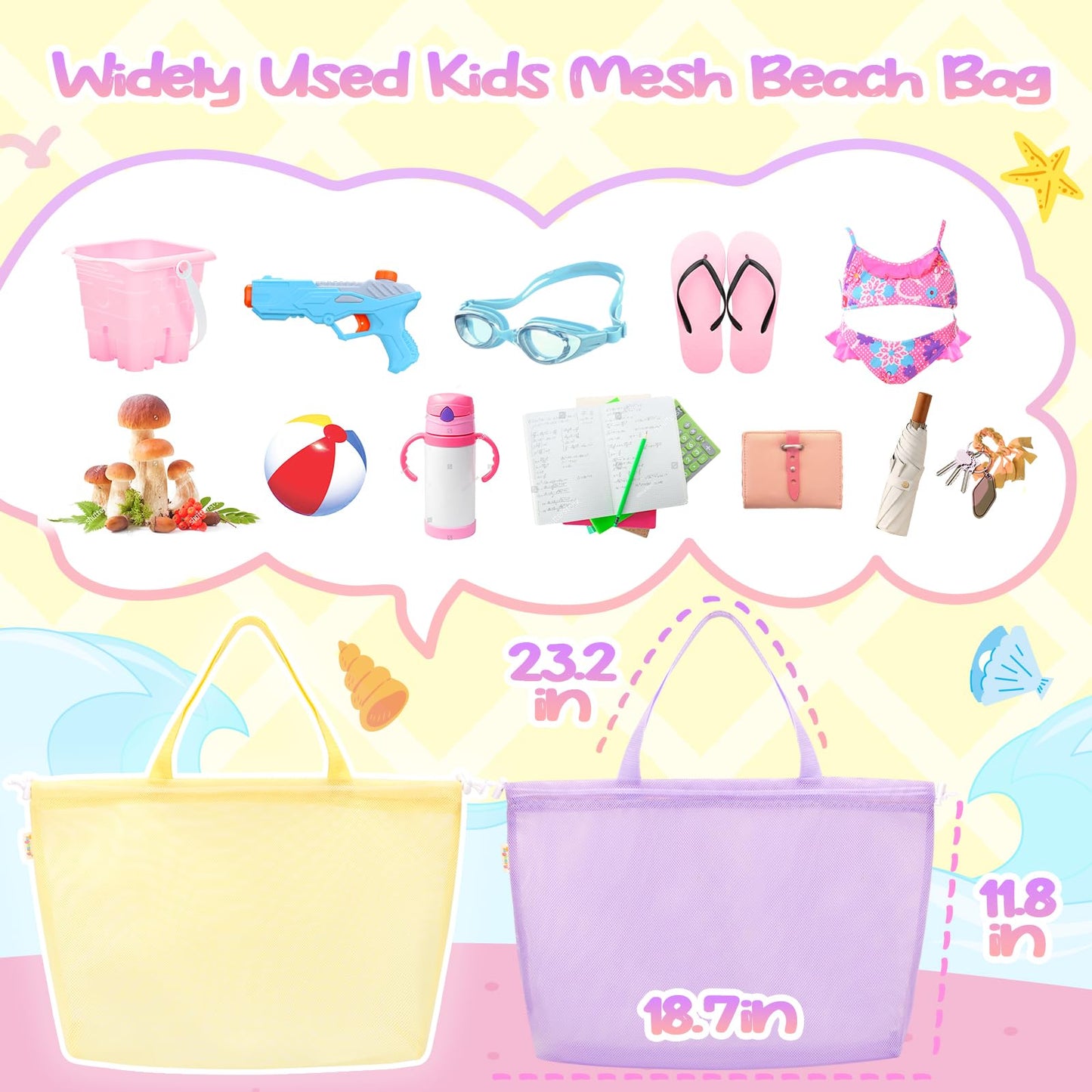 Tagitary Beach Toys Kids Beach Bag Tote with Drawstring,Yellow Purple Mesh Bag Travel Beach Essentials for Kids Swim Pool Gym Ba