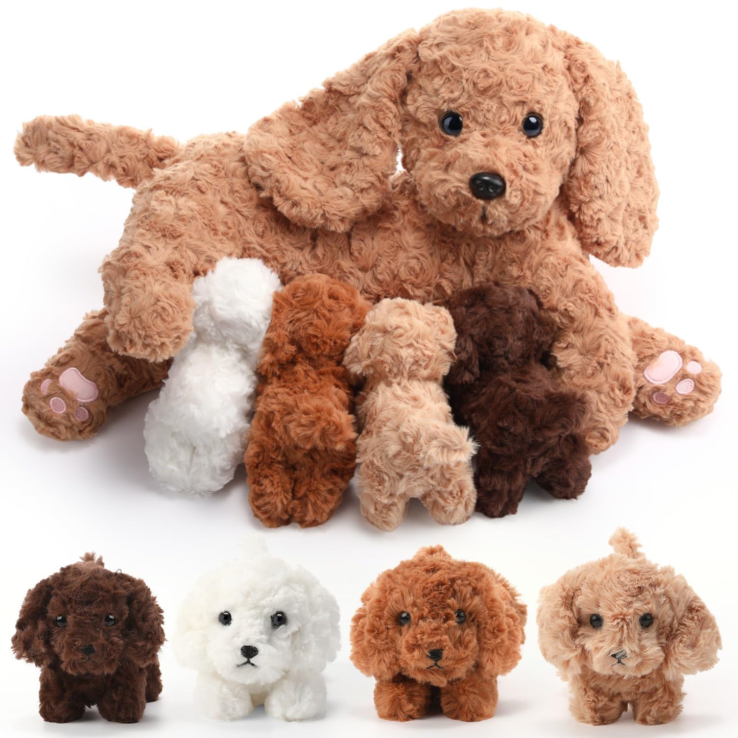 HyDren 5 Pcs Labradoodle Nurturing Dog Stuffed Animal Sets 15 Inch Soft Cuddly Labradoodle Plush Toys Nursing Mommy Dog with 4 P