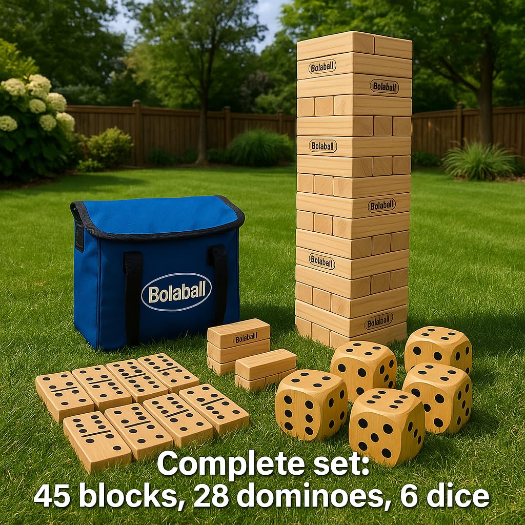 Outdoor Game Set Including 45 Giant Tumbling Blocks, 28 Giant Dominoes, and 6 Giant Dice, Giant Outdoor Games for Family Fun, Se