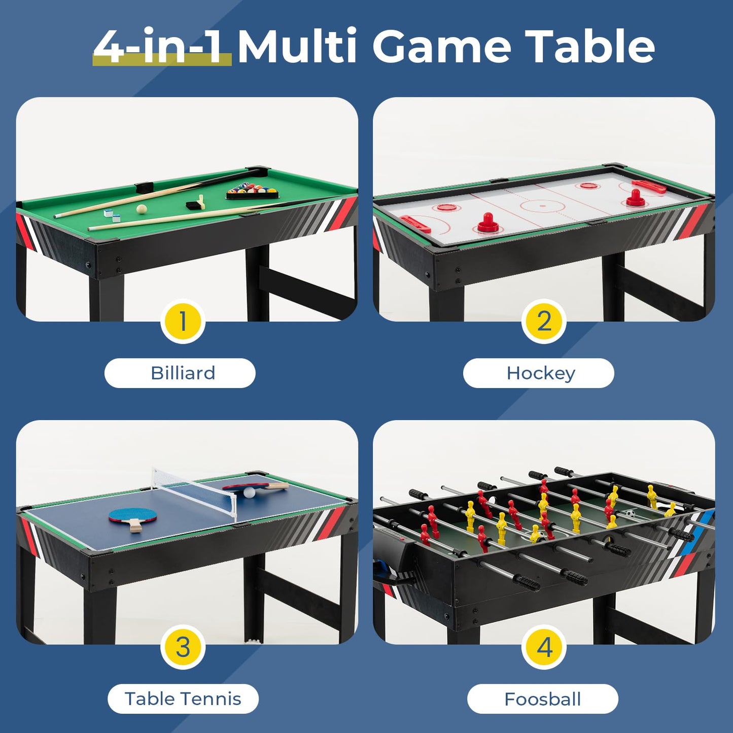 Gymax 49'' Multi Game Table, 4 In 1 Game Table With Foosball Table, Pool Billiards, Air Hockey & Table Tennis, Complete Combinat