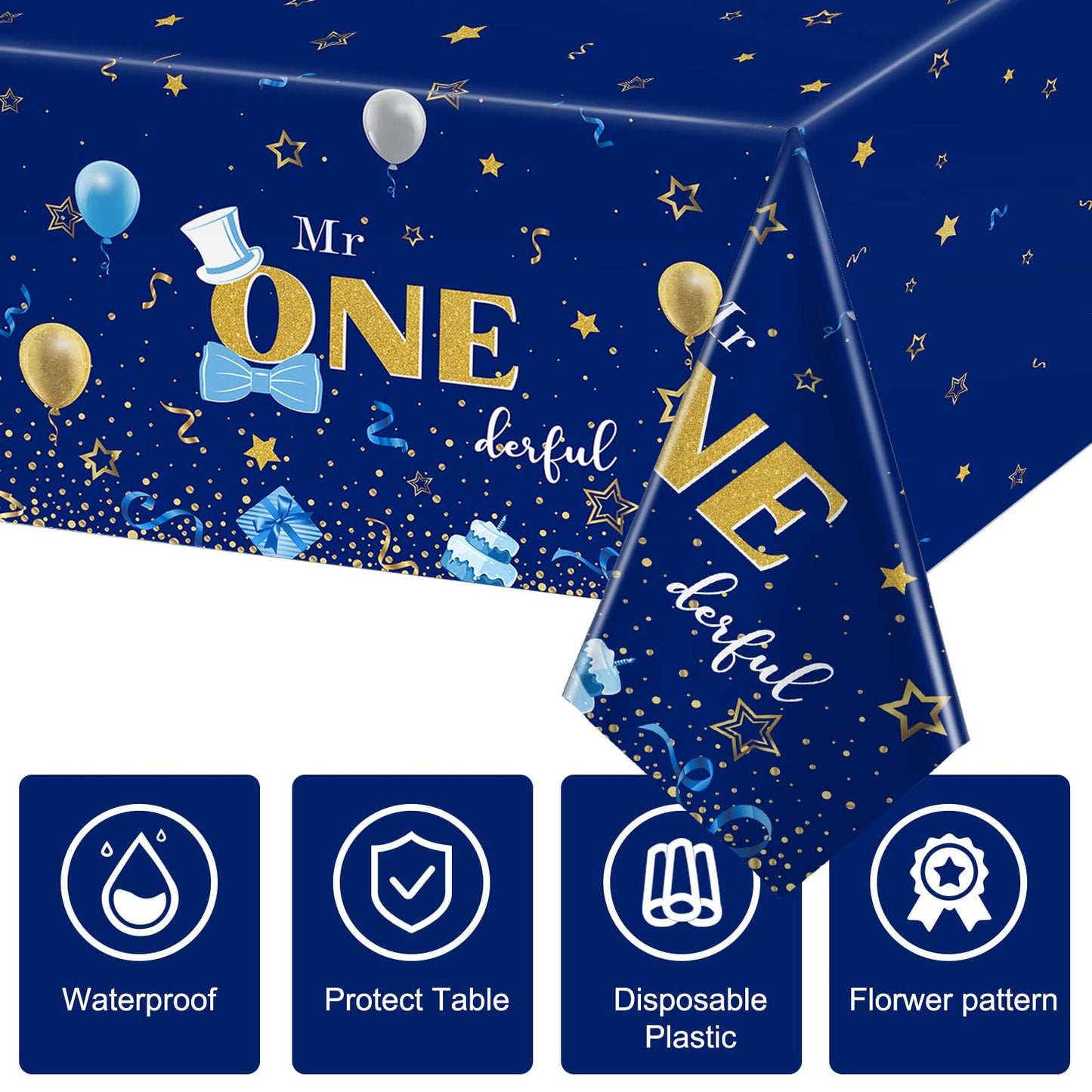 Tiamon 3 Pieces Boy 1st Birthday Party Tablecloth 54 x 108 Inch Plastic Rectangular Birthday Table Cover First Birthday Tableclo