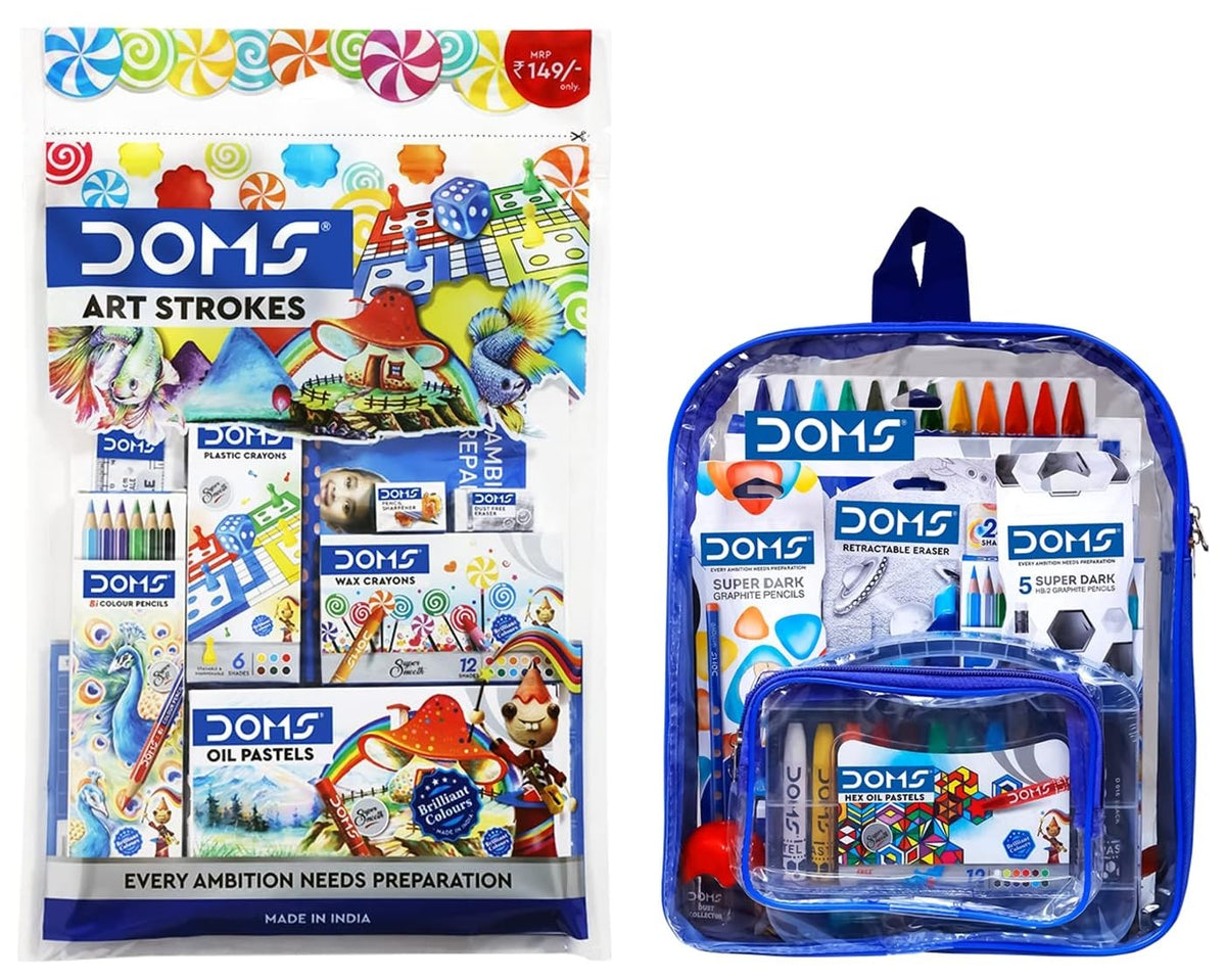 Doms Smart Stationery Kit (12 pcs in KIT) with Transparent Zipper Bag Gifting Range for Kids Art Strokes Kit, Paper