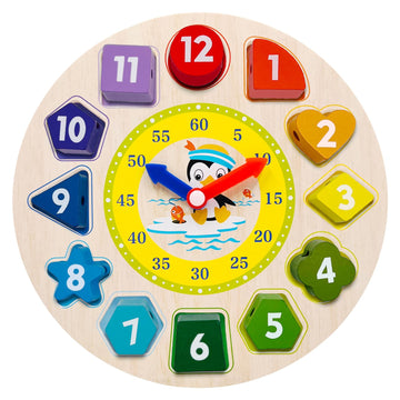 Zrccox Wooden Shape Color Sorting Clock, Learning Time Activity Set, Montessori Toys For 3 Year Old, Number Blocks Puzzle, Pengu