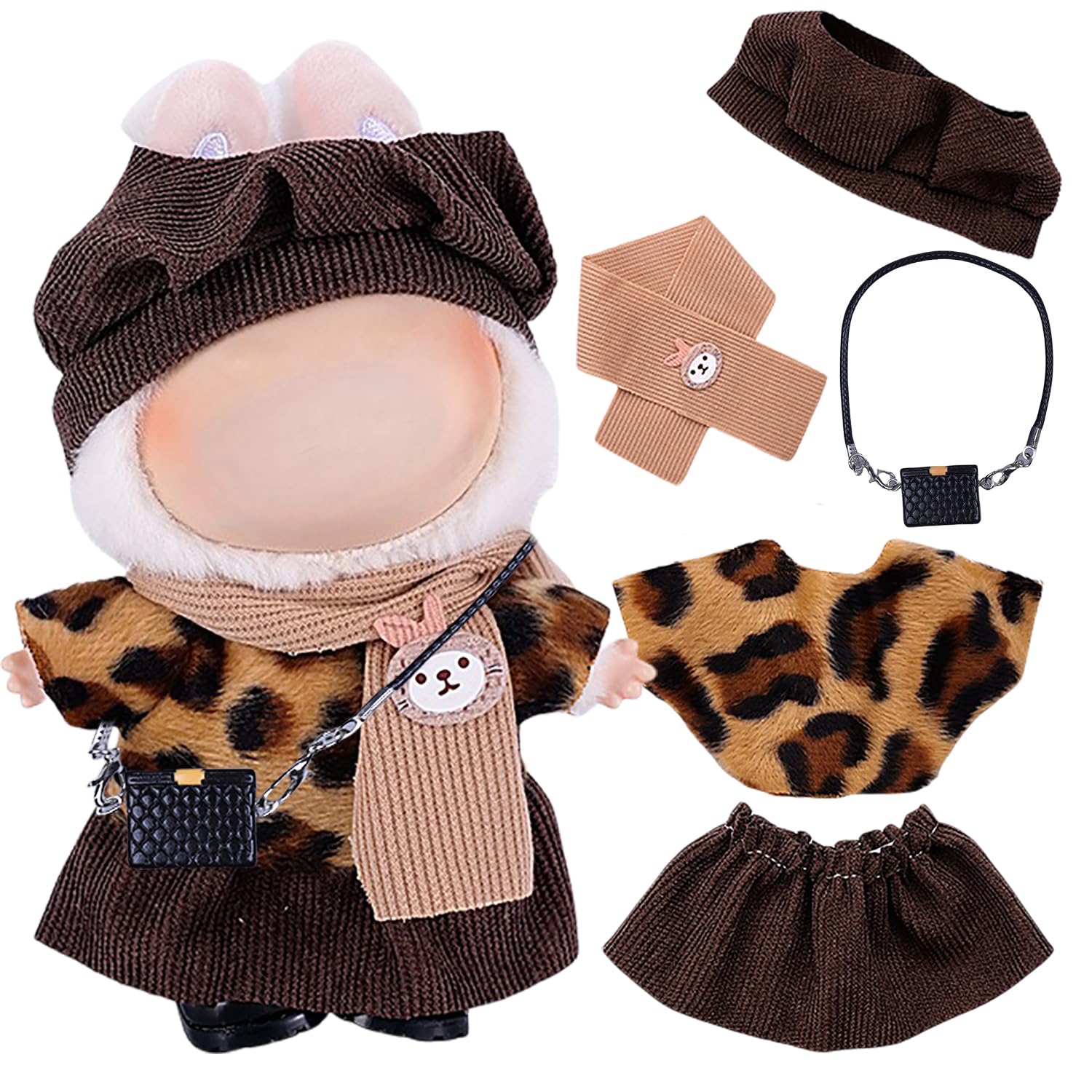 5pcs Handmade 15cm/17cm Doll Clothes for Labubu Outfits (No Doll)  enhanced Clothes Accessories with Hat  Shawl  Scarf   Skirt & Bag  Cute Fashion Clothes for Girls Boys Collectors (Dark Brown) AK054DB
