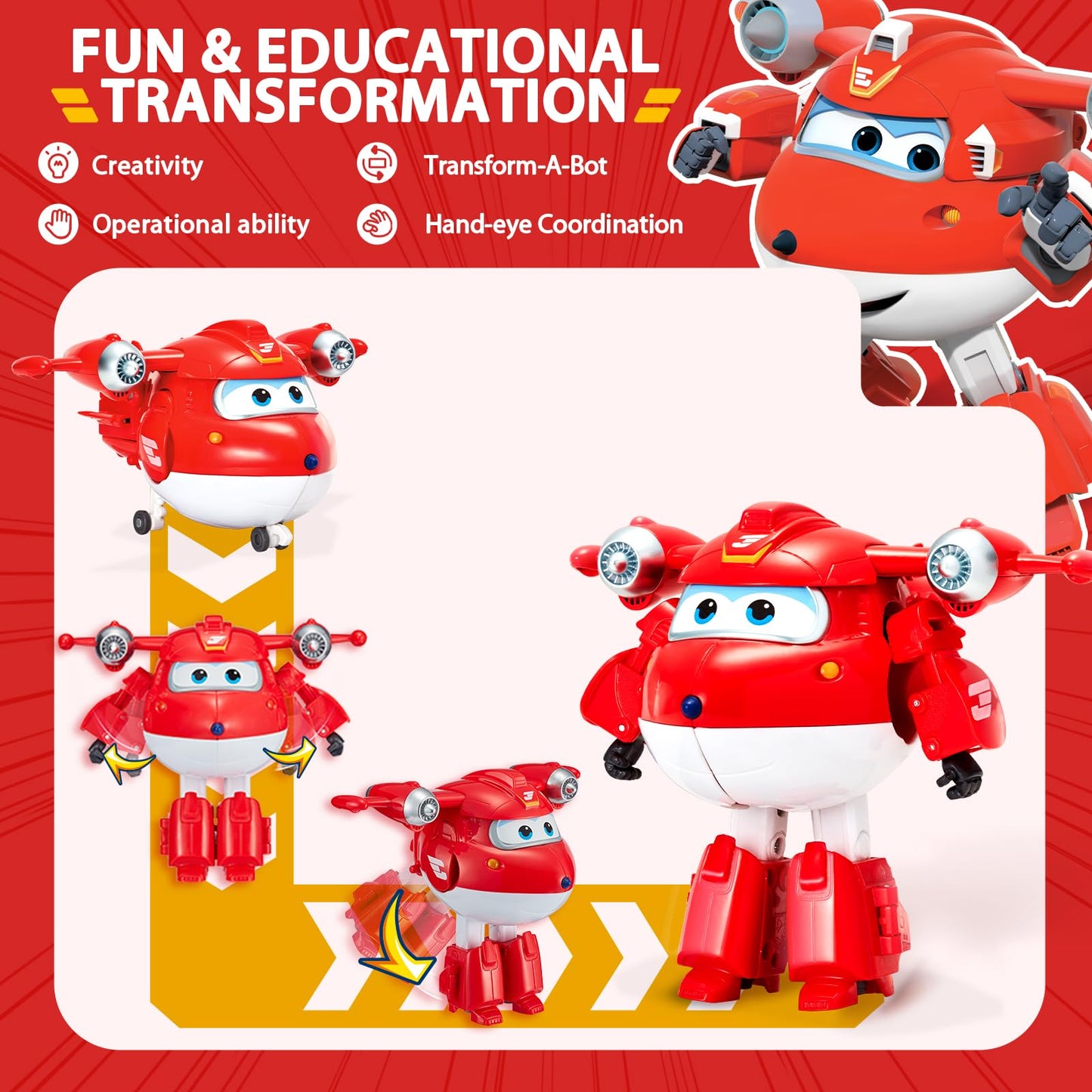 Super Wings Transformer Toys 5" Action Figure Jett - Red, 2-in-1 Rescue Bot, Educational Toy for Kids Ages 3+, Model US740283