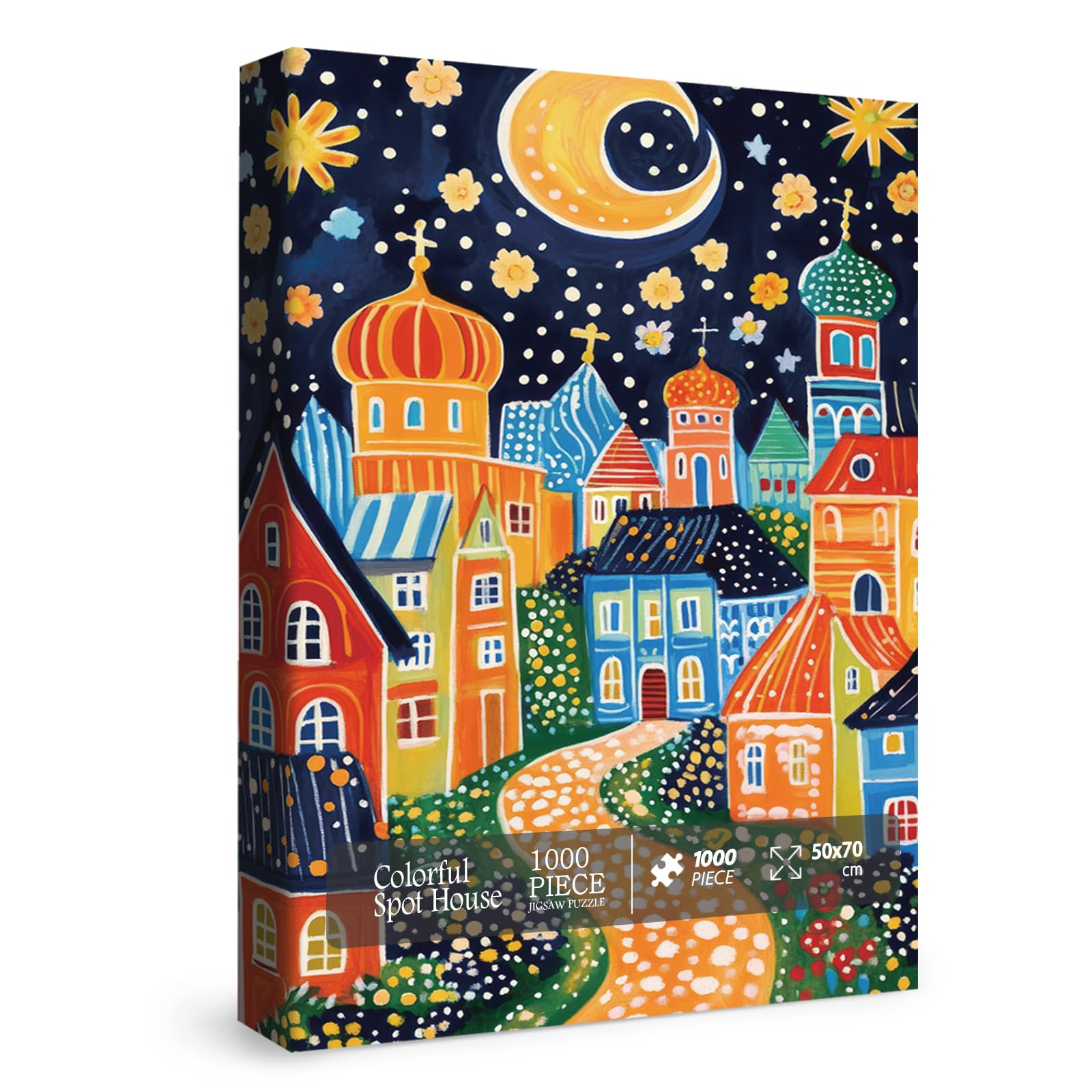 Colorful House Puzzles for Adults 1000 Pieces, Art Pretty City Jigsaw Puzzles, Beautiful Fantasy Moon Puzzles