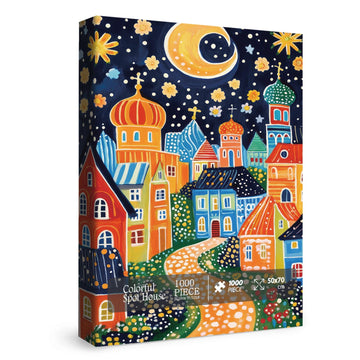 Colorful House Puzzles for Adults 1000 Pieces, Art Pretty City Jigsaw Puzzles, Beautiful Fantasy Moon Puzzles