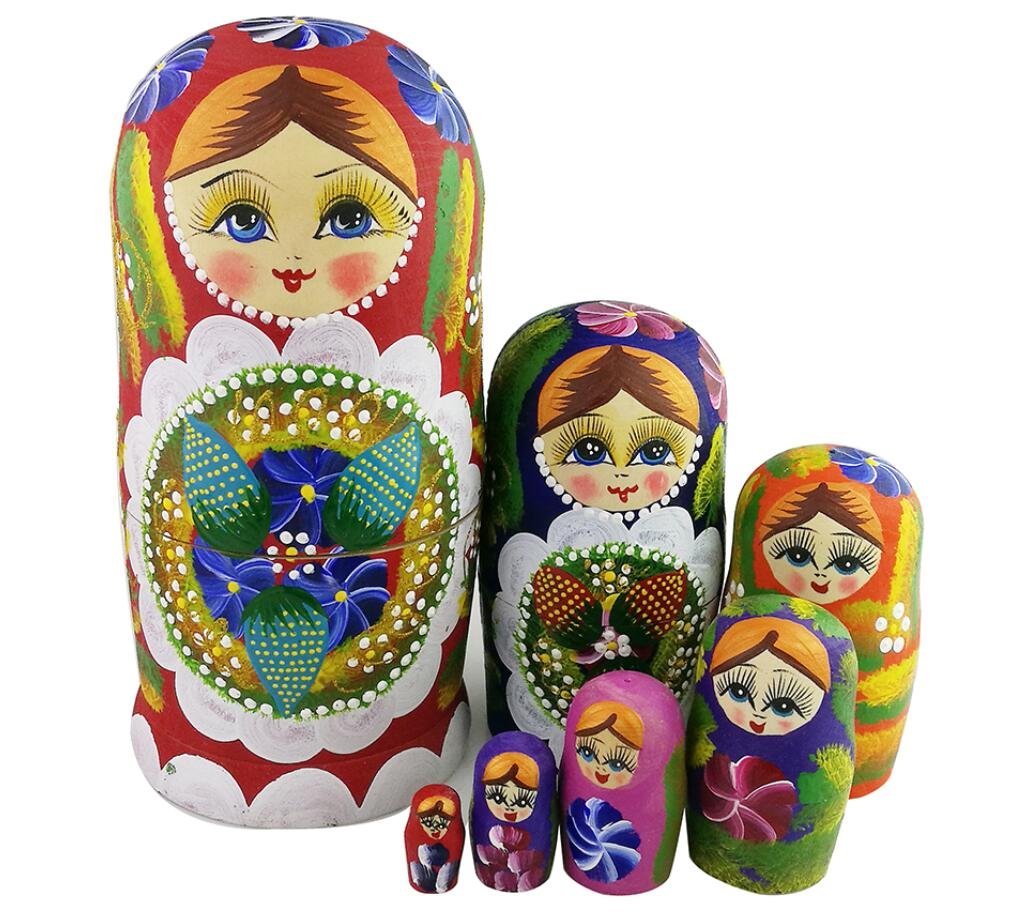 Winterworm 7Pcs Red Flowers And Berries Wooden Russian Nesting Dolls Matryoshka Russian Doll