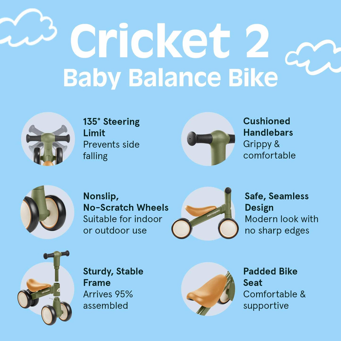 Retrospec Cricket Baby Walker Balance Bike With 4 Wheels For Ages 12-24 Months - Toddler Bicycle Toy For 1 Year Old’S - Ride On Toys For Boys & Girls, Olive Drab