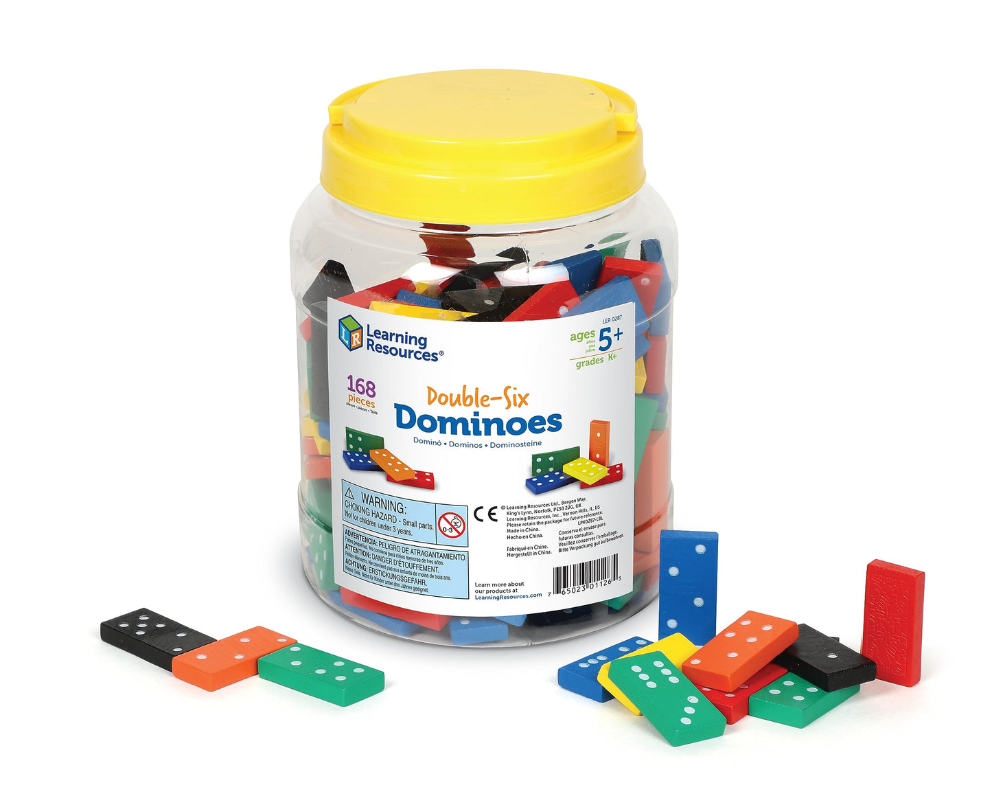 Learning Resources Double-Six Dominoes in Bucket, 168 Pieces, Multi-Color, Wood, Ages 5+