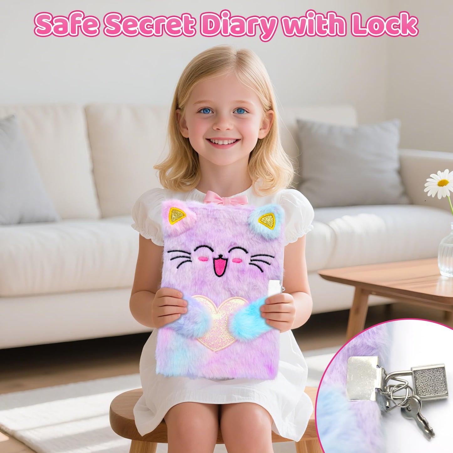 HoomTop DIY Cat Journal Kit Kids Diaries with Lock for Girls Ages 6 7 8 9 10 11 12 14 Birthday Christmas Gifts