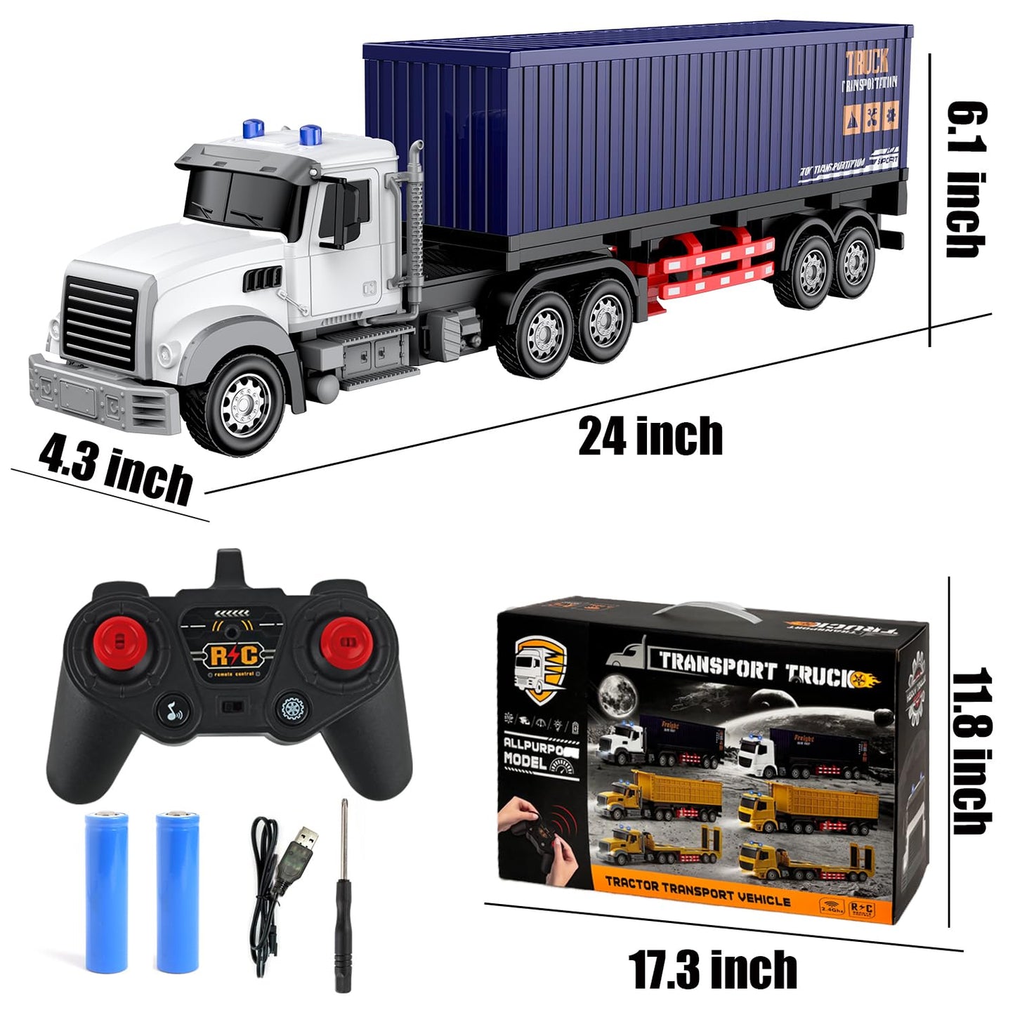 CALEST Remote Control Semi Truck with Trailer -24 Inch Semi Truck Toy for Kids,1:24 Container Truck with LED Lights & Music, Gre