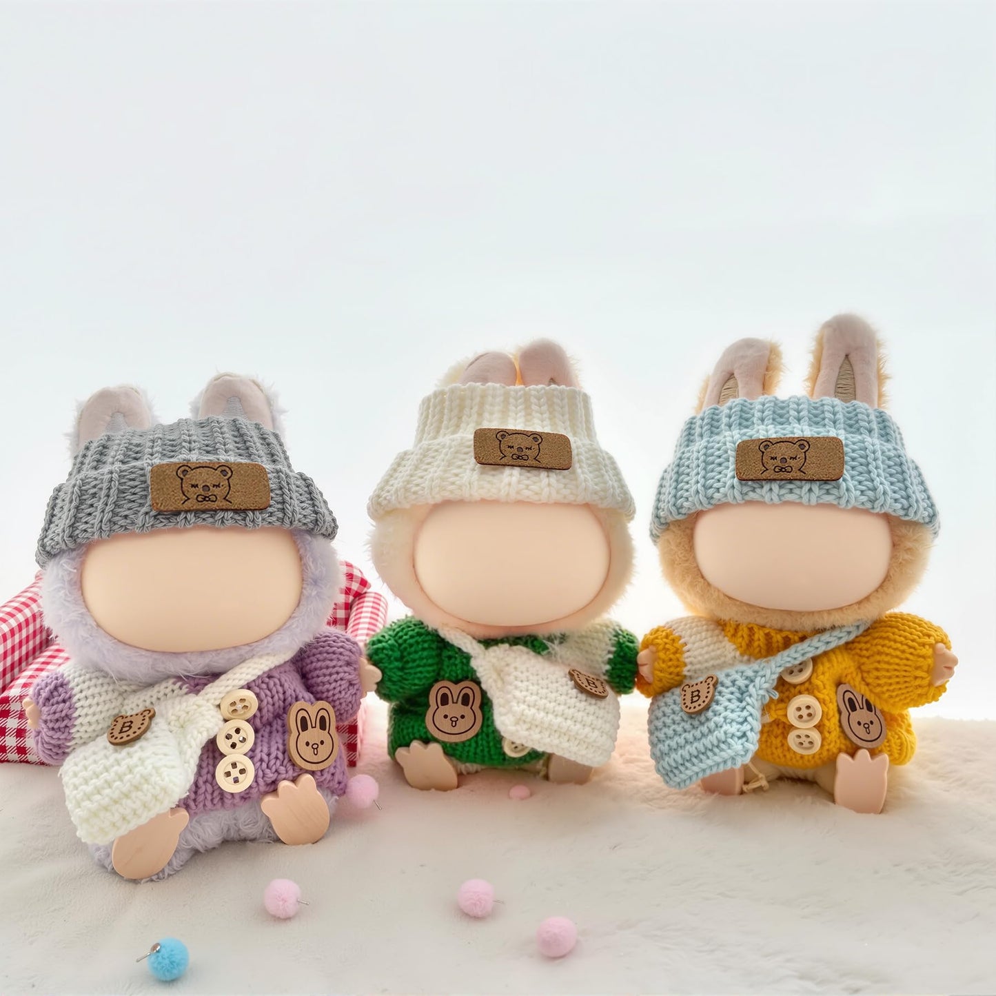 Clothes for 17cm Dolls (NO Doll)  Handcrafted Crochet Outfits for 17cm Doll with Accessories  Boy and Girl 5-Piece Clothes Set  Cute Stylish Clothing with hat and Bag for Dolls Dress up (Green)