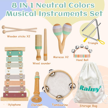 Raimy Musical Instruments Set - Neutral Colors Wooden Montessori Toys Percussion Music Modern Boho Xylophone Birthday Gifts For 1 2 3 Year Old Kids Baby Toddlers Boys Girls 3+ With Storage Bag