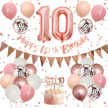 10Th Birthday Decorations Retro Pink Rose Gold,10Th Birthday Balloons,Happy 10Th Birthday Banner With Cake Toppers Rose Gold Num