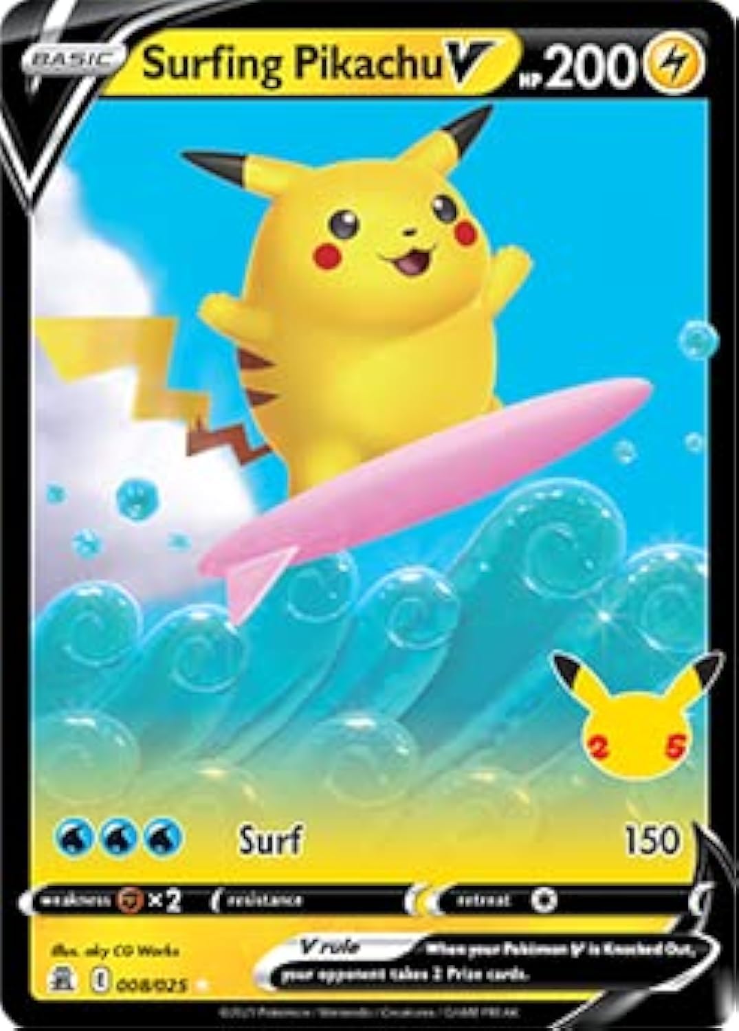 Pokémon Celebrations Surfing Pikachu V, 25Th Anniversary Full Art Rare Holo + Surprise Card!