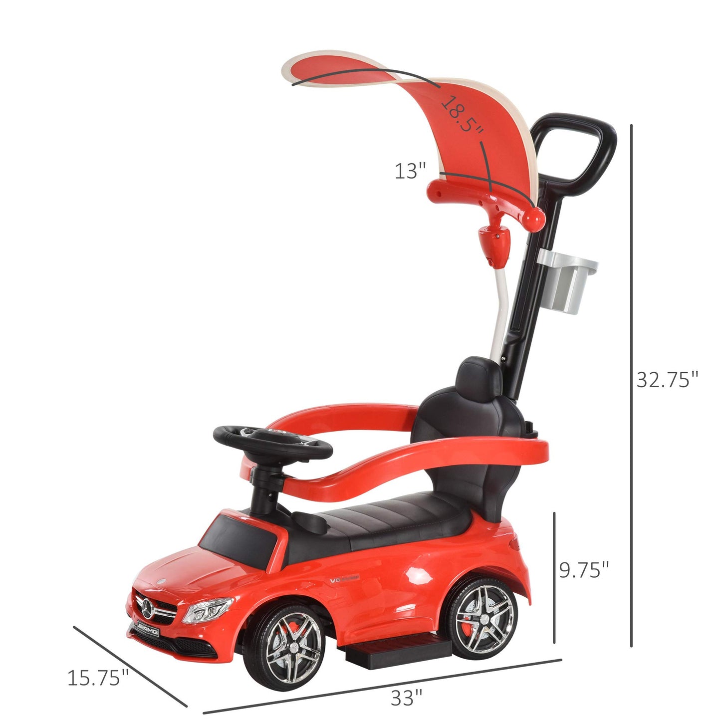 Aosom Mercedes-AMG C63 Licensed Ride on Push Cars for Toddlers, Sliding Walking Car with Sun Canopy, Horn, Music, Safety Bar, Cu
