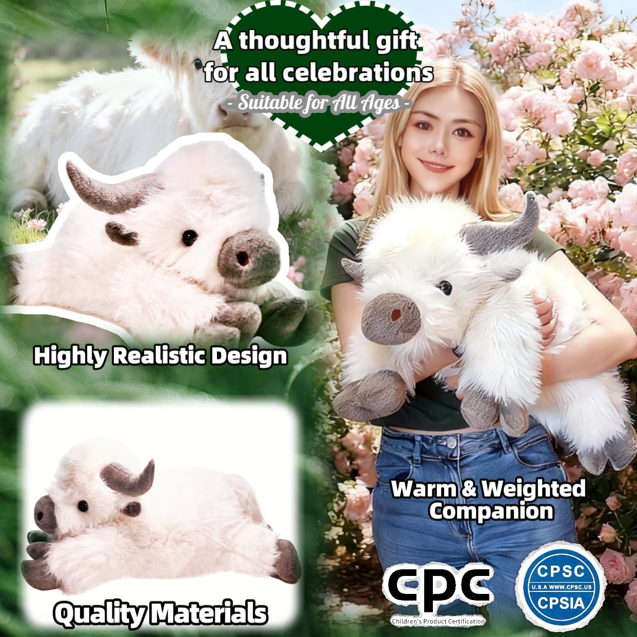 uoozii 24" Highland Cow Weighted Plush Toy - 5 lbs, Removable Microwavable Pouch, White & Brown, Cute Gift for Kids & Adults