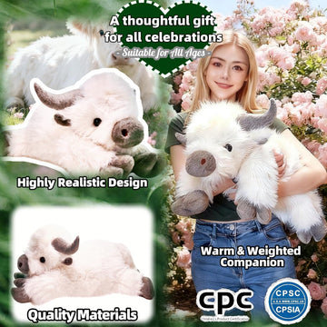 uoozii 24" Highland Cow Weighted Plush Toy - 5 lbs, Removable Microwavable Pouch, White & Brown, Cute Gift for Kids & Adults