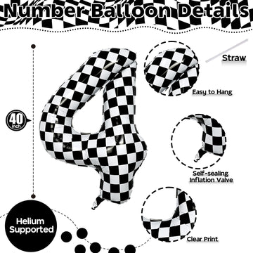 Large Foil Number 4 Balloons, 40 Inch Black And White Checkered 4 Balloon For Boys, Helium Self Inflating Checkered Racing 4 Bal