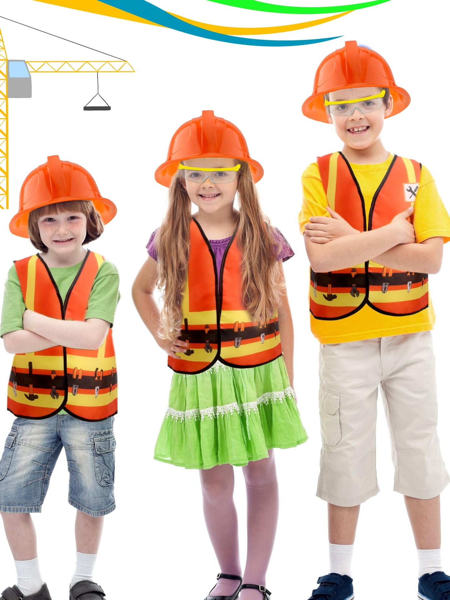 Puteraya 18 Pcs Kids Construction Worker Costume Include 6 Pcs Construction Vests 6 Pcs Construction Hats 6 Pcs Goggles for Care