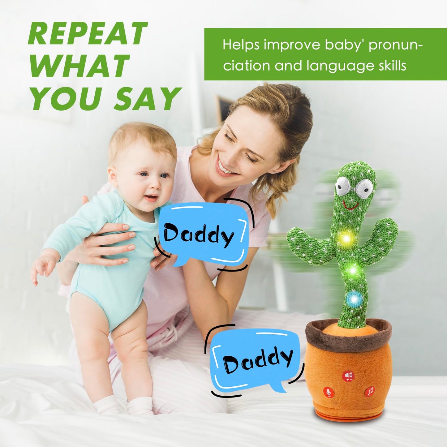 FAYOUCZ Updated Volume Adjustable Dancing Talking Cactus Toy for Baby Toddler, Mimicking Repeating Singing Interactive Cactus To