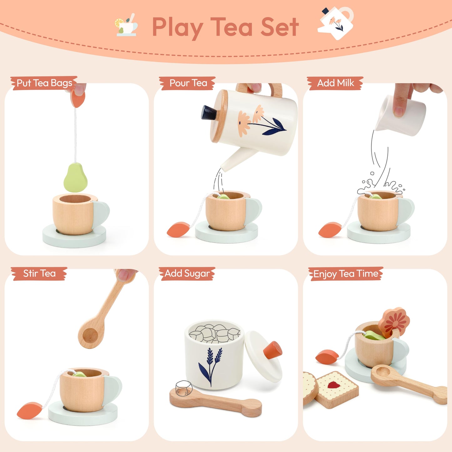 Pairpear Wooden Tea Set For Toddlers,Wooden Toys Tea Party Set Play Kitchen Accessories For Kids Girls And Boys 3 Years And Up,T
