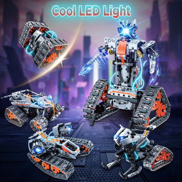 Hogokids 5 In 1 Stem Building Set With Led Light - App & Remote Controlled Cars Building Toys Kit, Rc Robot Tank Sleigh Tracked Racer 604 Pcs, Toy Gifts For Kids Boys Girls Ages 6 7 8 9 10 11 12+ Year