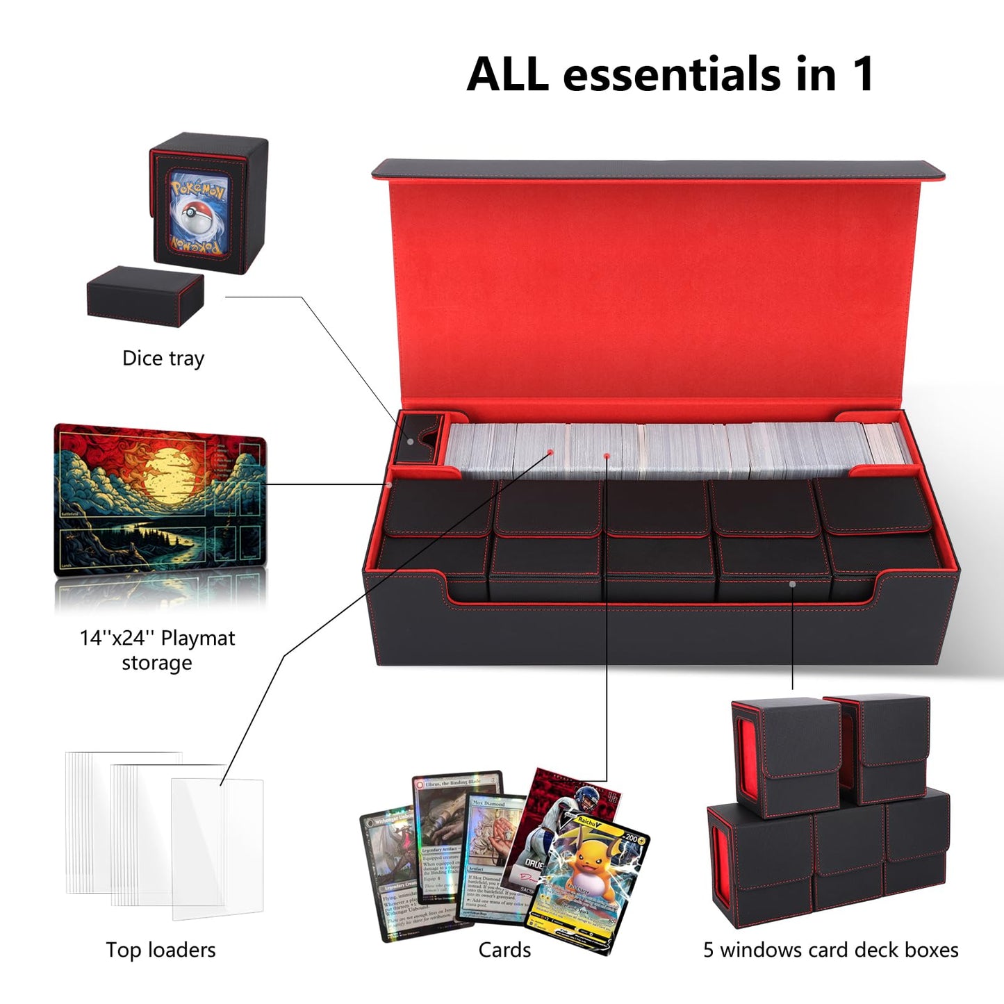 Scimi Mtg Card Storage Box Tcg Deck Case Holds Fits 5 Windows Decks Card Box Or 1800+ Sleeved Cards For Mtg, Yugioh, Uno, Tcg, Trading Cards With Mat Case And Strong Magnet Closure (Black & Red)