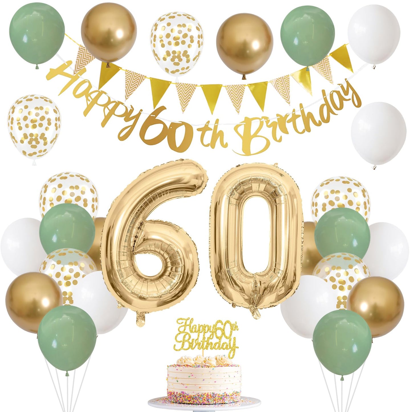 60Th Birthday Decorations For Men Women, Sage Green White Gold Birthday Balloons With Happy 60Th Birthday Banner Birthday Cake T