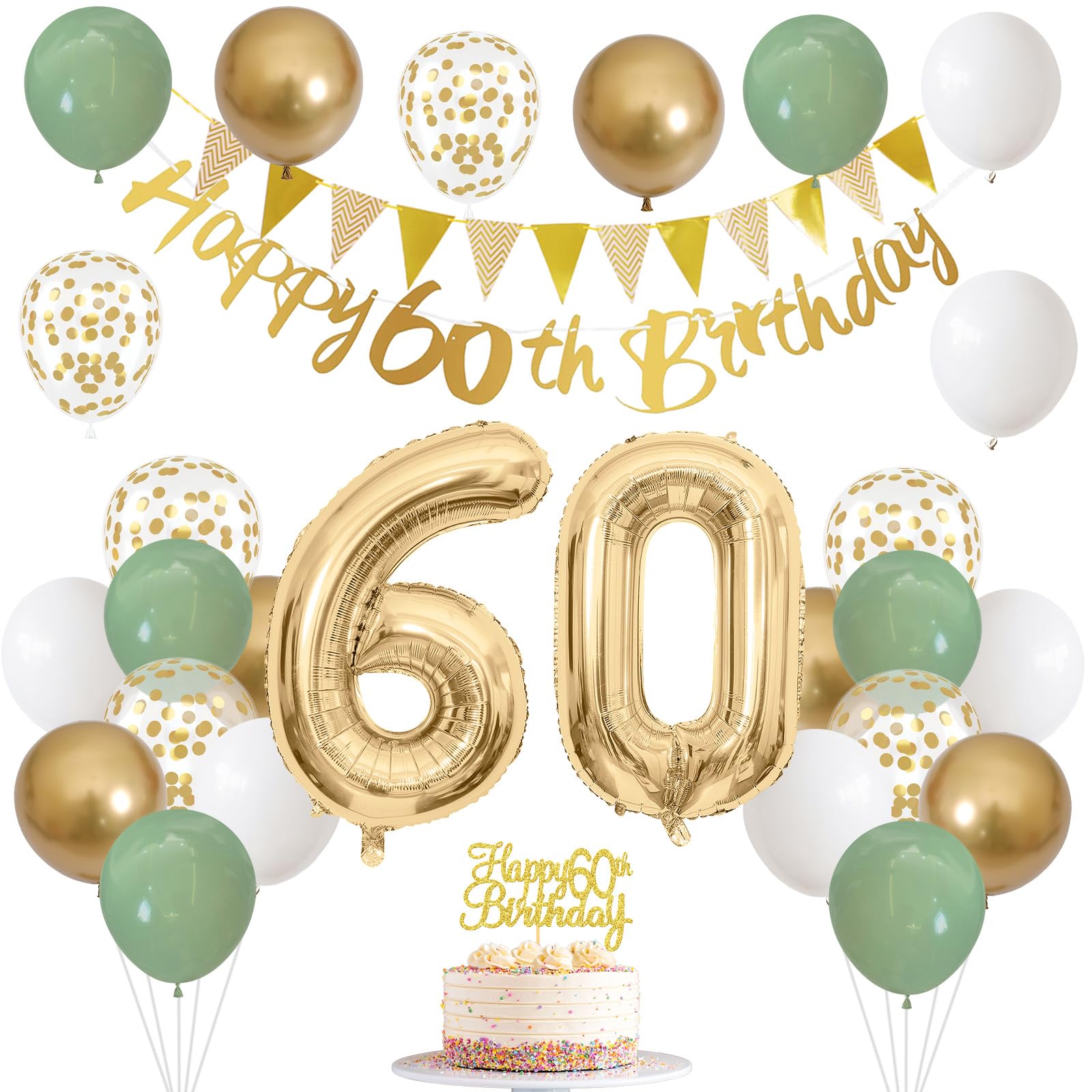 60Th Birthday Decorations For Men Women, Sage Green White Gold Birthday Balloons With Happy 60Th Birthday Banner Birthday Cake T