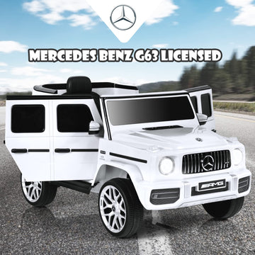 Olakids 12V Kids Ride On Car, Licensed Mercedes Benz G63 Electric Vehicle With Remote Control, Double Open Doors, Music, Bluetooth, 2 Speeds, Wheels Suspension, Battery Powered Driving Toy (White)