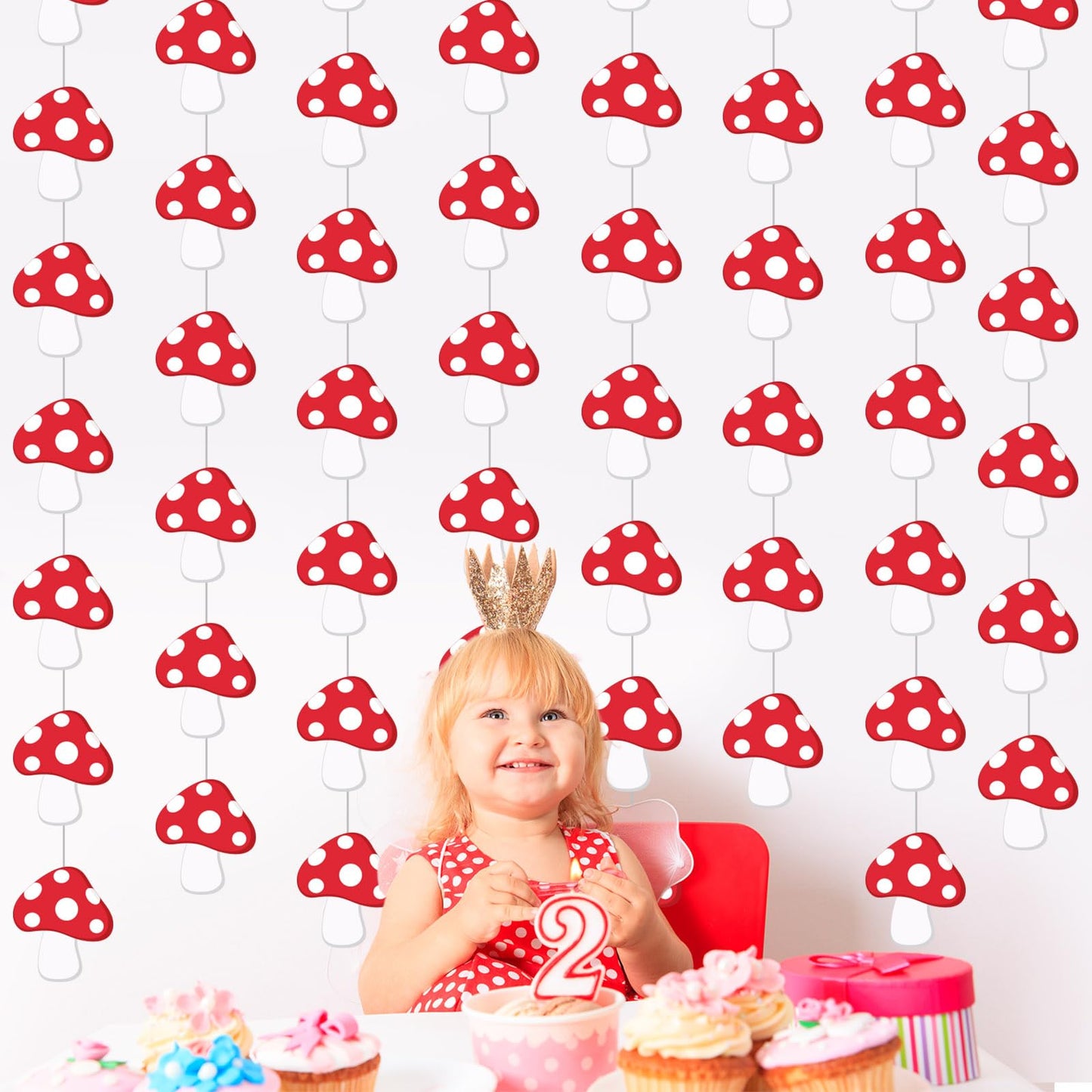 Sinload 8 Pieces Mushroom Party Decorations Red Mushroom Garlands Wild Mushroom Paper Cutouts Forest Plant Hanging Banner Decor