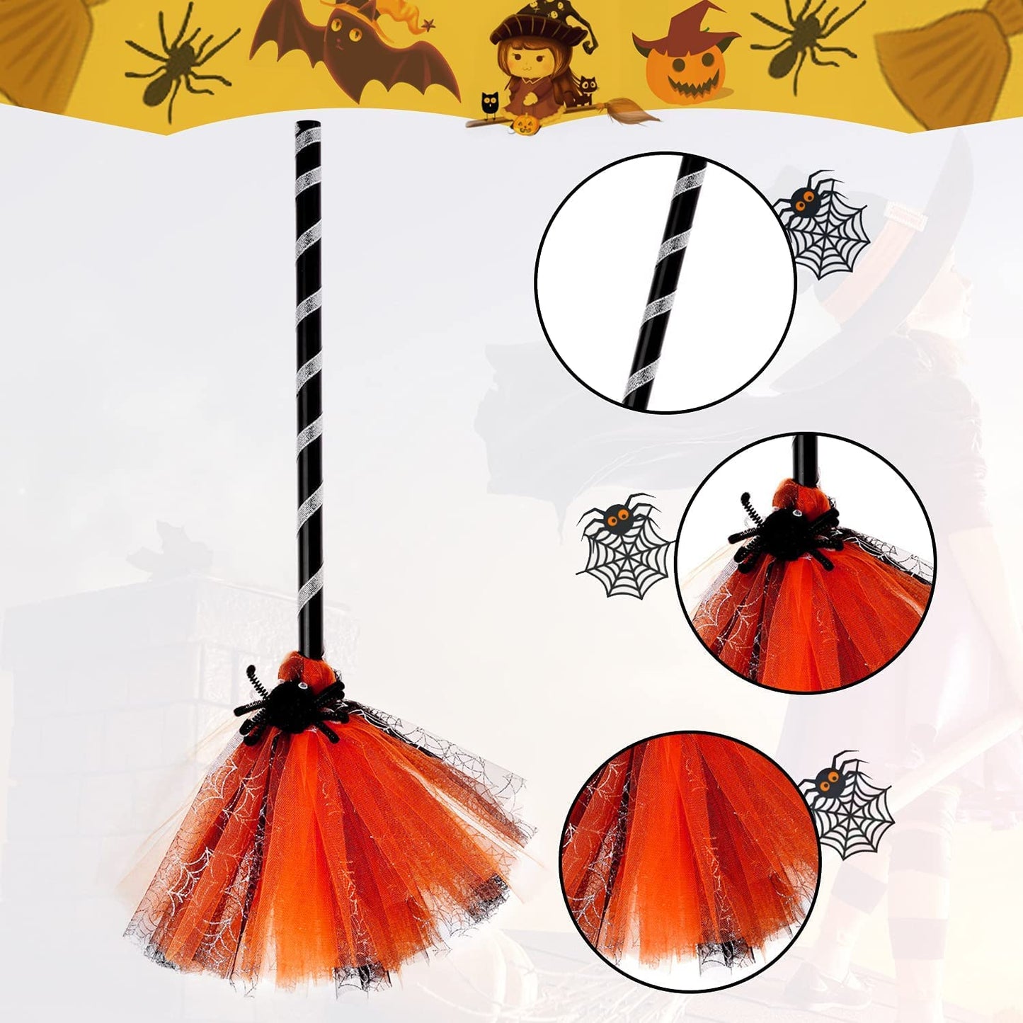 NSVJVY Kids Witch Broom, Halloween Broomstick, Photography Prop Toy, Cosplay Dress Up Costume Party Cute Witch Broom (Orange)