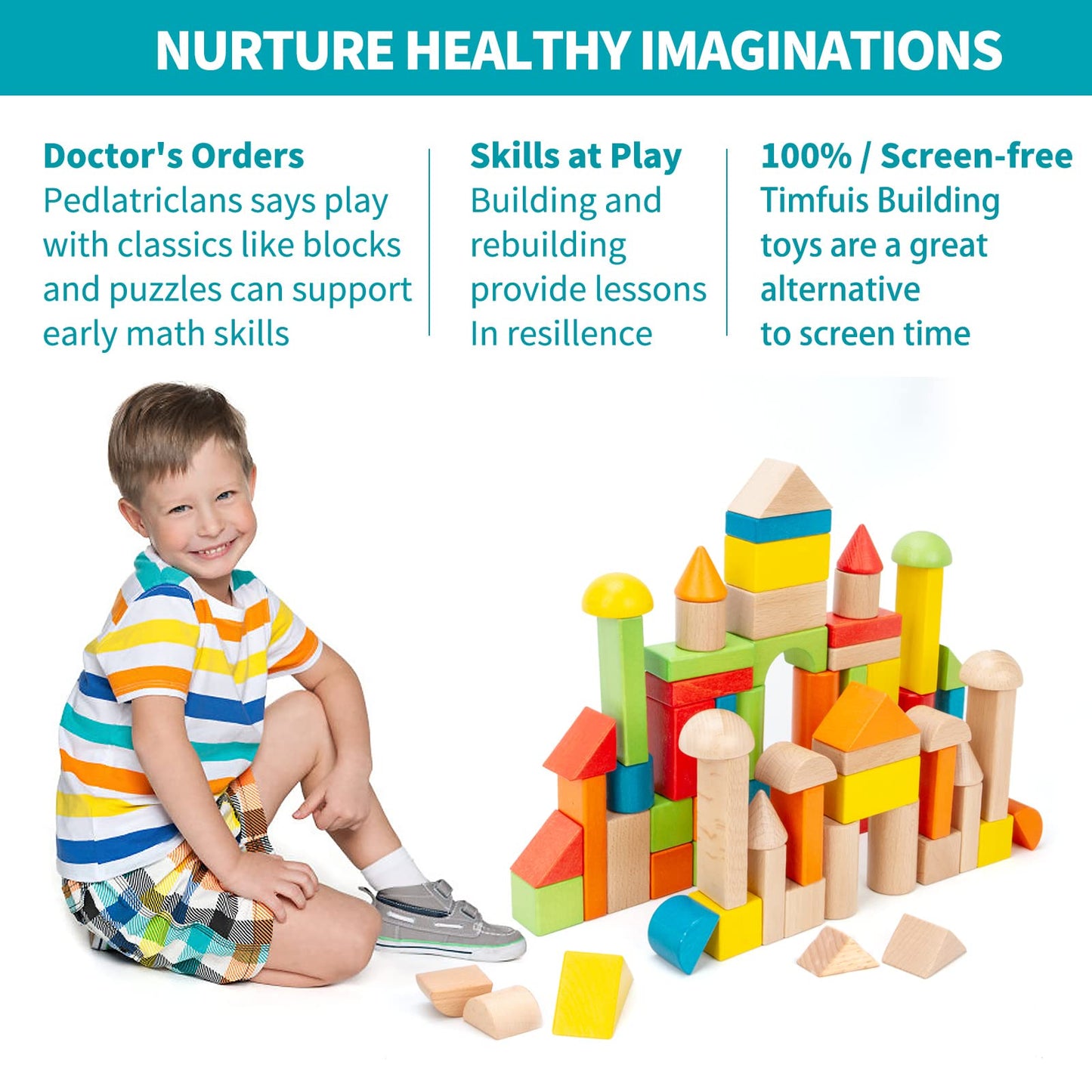 Timfuis Wooden Building Blocks Set - 80 Pcs Educational Toys for Toddlers, Standard Size, Includes Carrying Bag, Model TY04