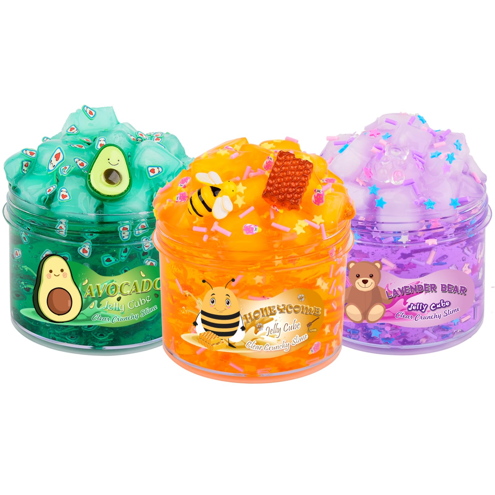 Jaiimen Slime Kit - 3 Pack Jelly Cube Clear Crunchy Slime With Avocado, Honeycomb And Lavender Bear Charms, Preppy And Aesthetic Stuff, Cute Stress Toys And Cool Birthday Gifts For Girls And Boys