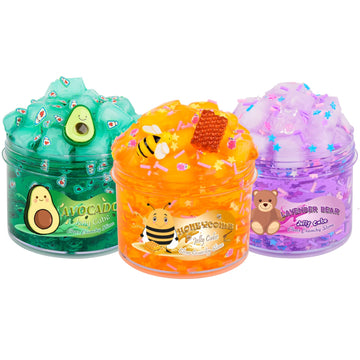 Jaiimen Slime Kit - 3 Pack Jelly Cube Clear Crunchy Slime With Avocado, Honeycomb And Lavender Bear Charms, Preppy And Aesthetic Stuff, Cute Stress Toys And Cool Birthday Gifts For Girls And Boys