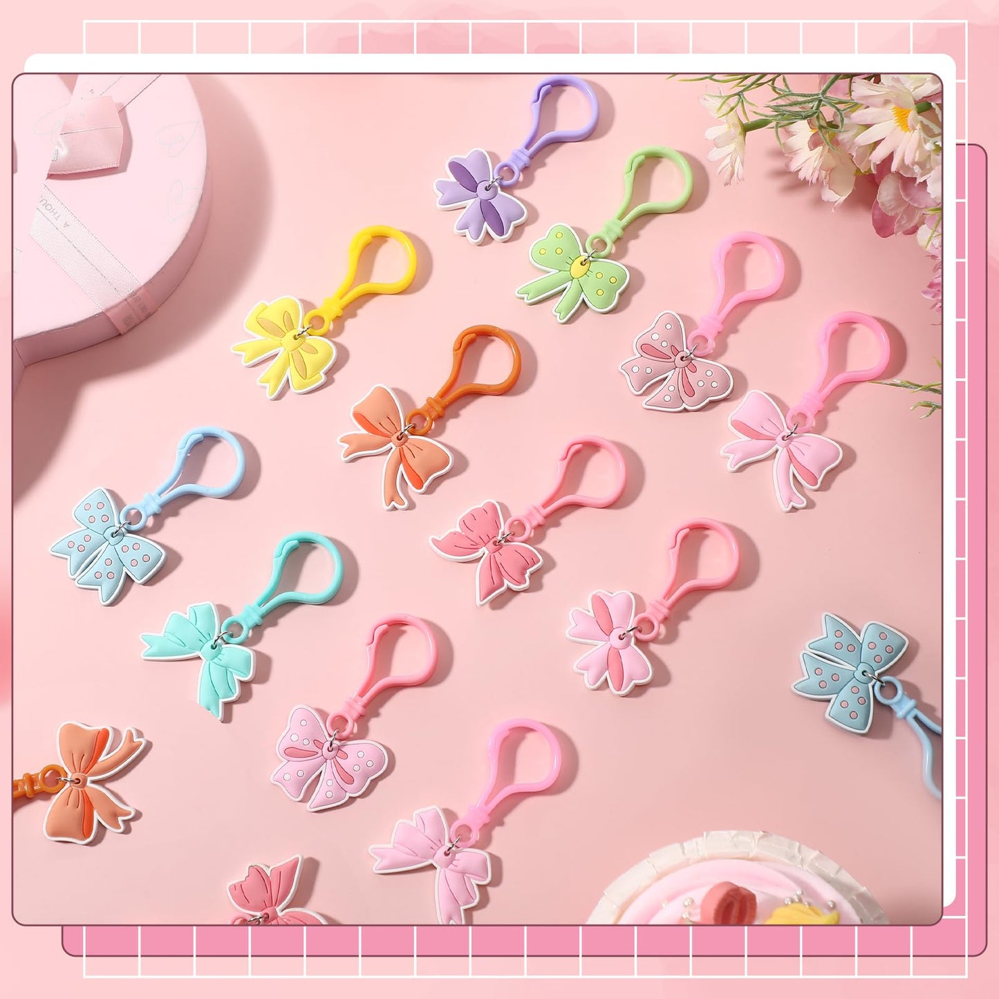 Jadive 48 Pack Pastel Bow Keychains Bulk Coquette Cheer Party Favors Pink Bow Theme Birthday Party Supplies Gifts for Kids Girls
