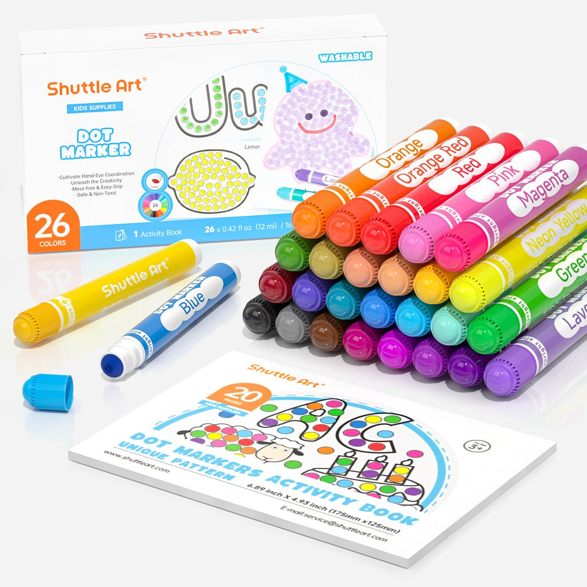 Shuttle Art Washable Dot Markers 26 Colors with Free Activity Book, Fun Art Supplies for Kids Toddlers and Preschoolers, Non Tox