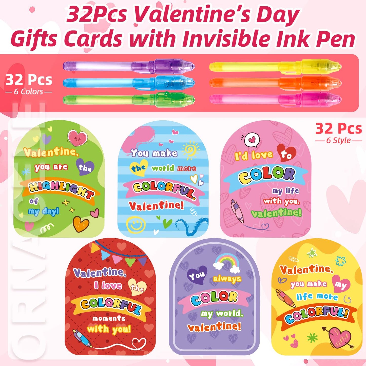 ORNACELE 32Pcs Kids Valentines Day Gifts for Classroom - Valentine Cards with Pens Novelty Toys for Boys Girls Exchange Gifts, P